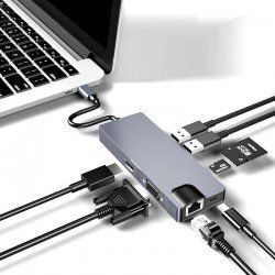 Adaptateur Hub USB Type-C 8 en 1 Multifonction – HDMI, VGA, USB, SD/TF, RJ45