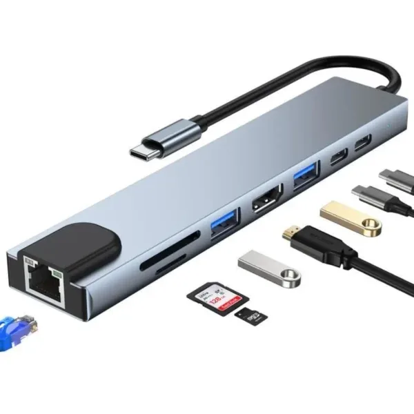 Adaptateur HAYSENSER Hub USB Type-C 8 en 1 Multiport – HDMI, VGA, USB, Lecteur SD/TF & Charge PD