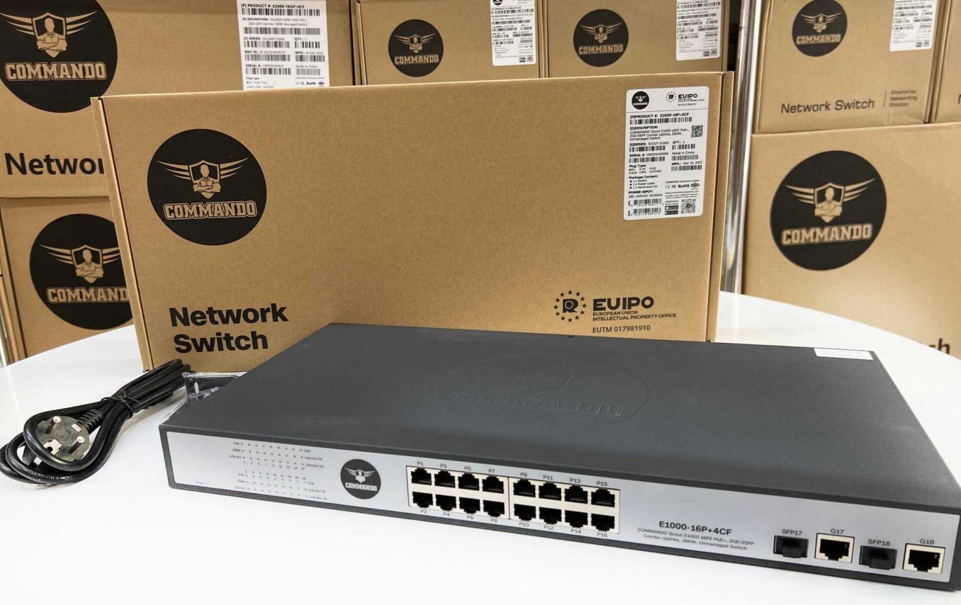 Switch COMMANDO Scout E1000 16P+4CF PoE+ – 16 Ports PoE+, 2 GE + 2 SFP Combo, Budget PoE 260W