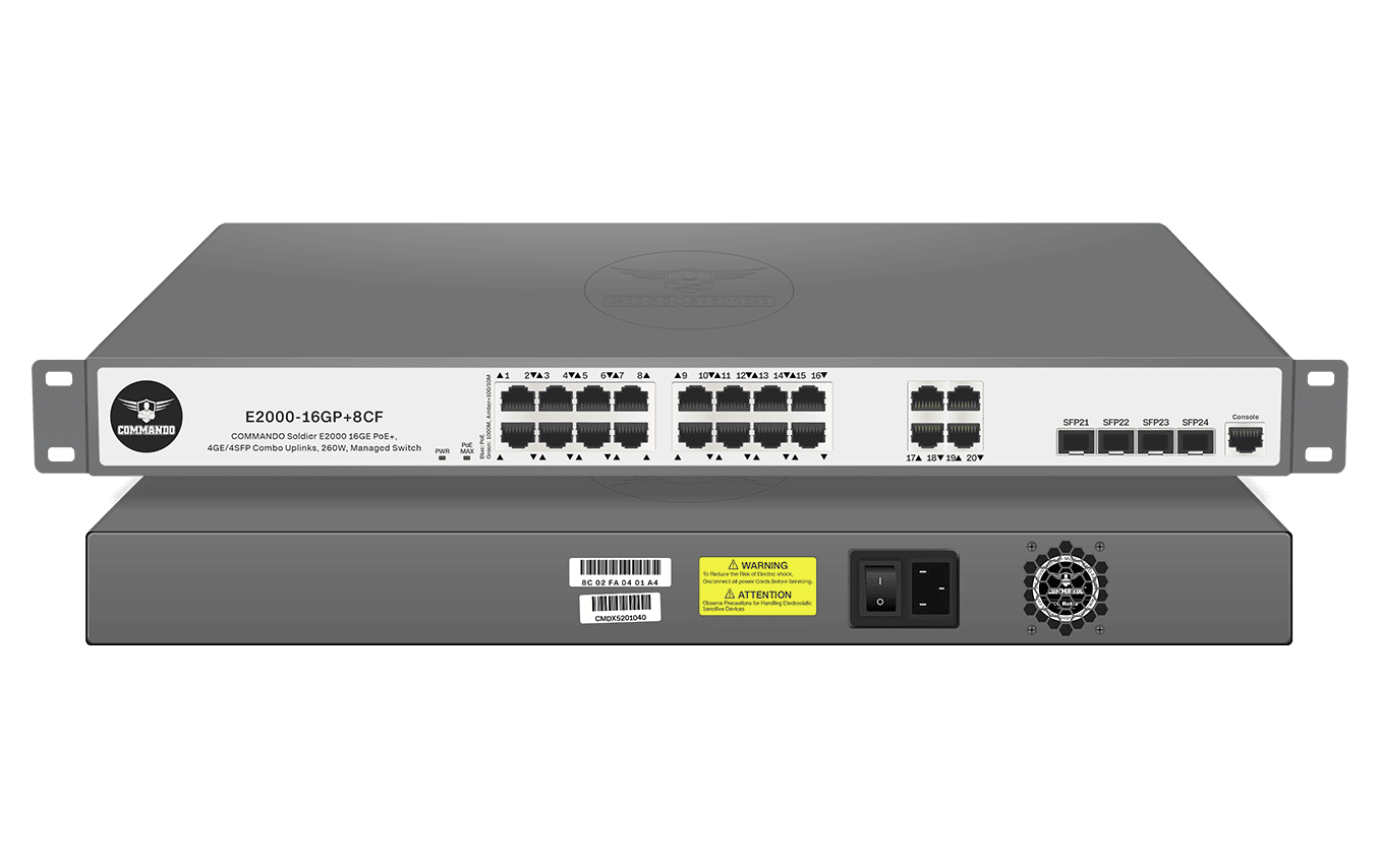 Switch COMMANDO E2000 Manageable 16GE PoE+ – 16 Ports Gigabit avec 2 GE + 2 SFP Uplinks, Budget PoE 260 W