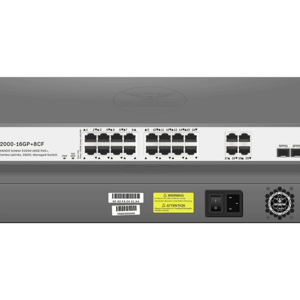 Switch Commando E2000 Manageable 16GE PoE+ – 16 Ports Gigabit avec 2 GE + 2 SFP Uplinks, Budget PoE 260 W
