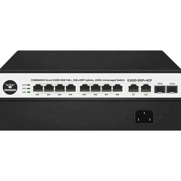 SWITCH COMMANDO SCOUT E1000 – 8 Ports Gigabit PoE+ avec 4 Uplinks (2 GE + 2 SFP)