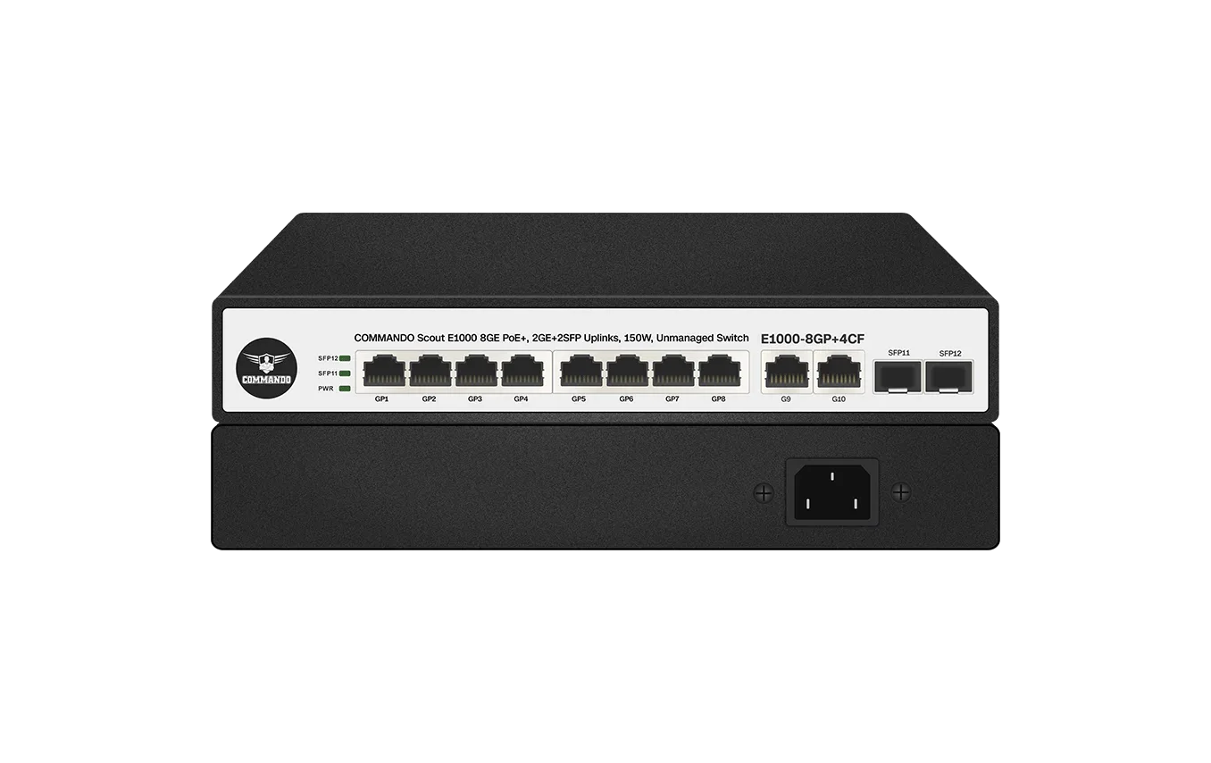 SWITCH COMMANDO SCOUT E1000 – 8 Ports Gigabit PoE+ avec 4 Uplinks (2 GE + 2 SFP)